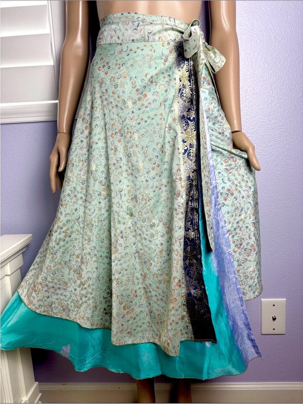 Upcycled Saree Mint Silk Wrap Skirt with Teal Underskirt Double Layered Brocade